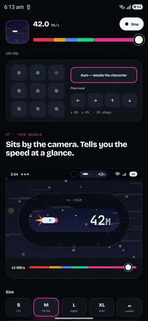 NetSpeed bubble settings: a live speed bubble beside the camera with size presets