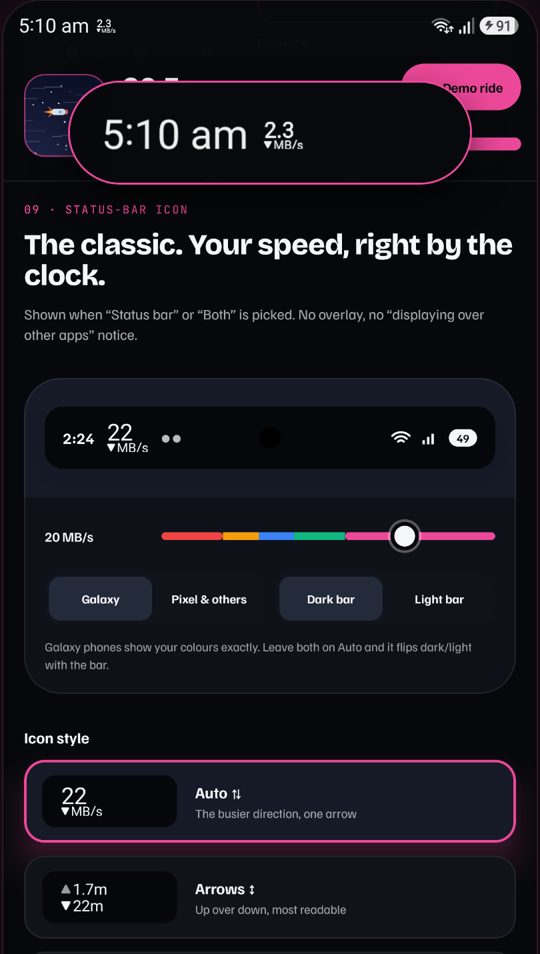 Status-bar icon settings: icon styles and colours, with the speed shown next to the clock
