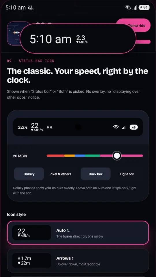NetSpeed status-bar settings with the live speed shown next to the clock