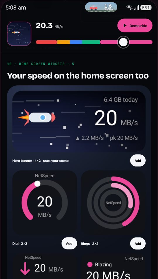 NetSpeed home-screen widgets: hero banner, dial and rings showing live speed